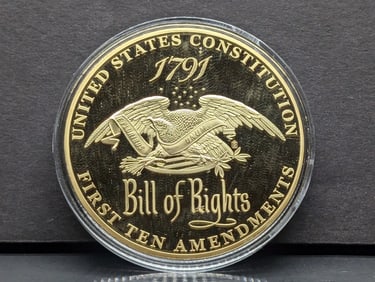 US Constitution Bill of Rights, First Ten Amendments Commemorative Medal 24K Layered Gold