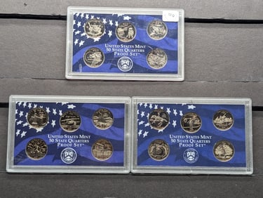 3 US Proof State Quarters Sets 1999-S, 2000-S, & 2001-S - No Boxes & COA