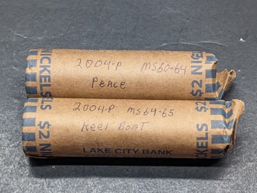 Two Rolls of 40 BU Nickels, 2004-P Peace & 2004-P Keelboat - 80 Coins Total