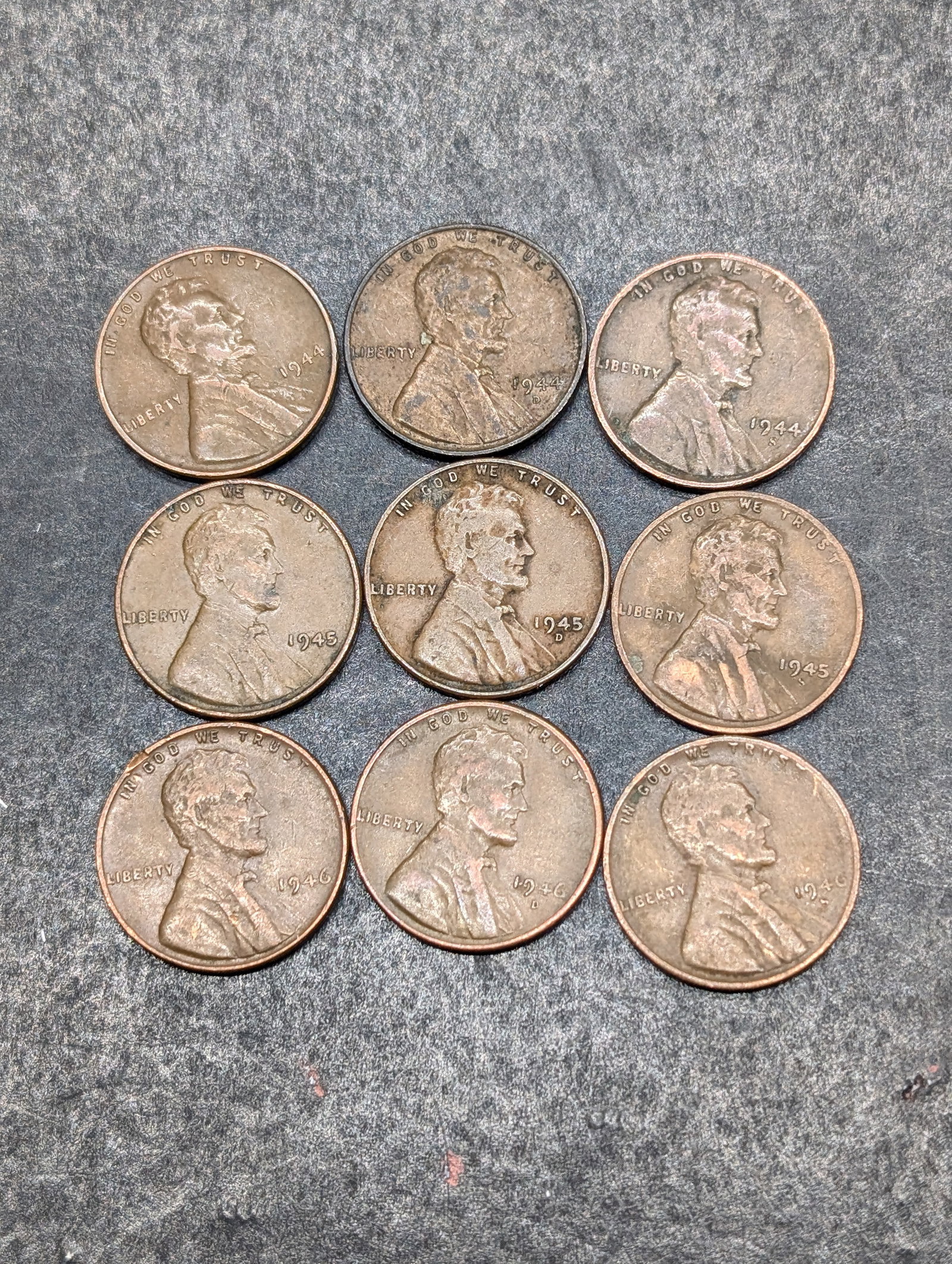 9 Lincoln Wheat Cents, 1944 P,D,S to 1946 P,D,S: 9 Lincoln Wheat Cents, 1944 P,D,S to 1946 P,D,S