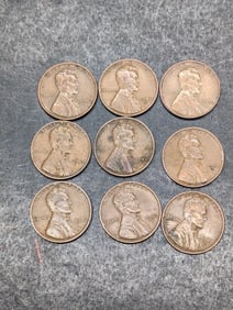 9 Lincoln Wheat Cents,1940 P,D,S to 1942 P,D,S