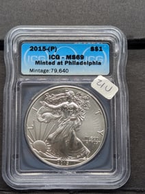 KEY ALERT 2015-(P) Am. Silver Eagle Dollar ICG MS69. Only 79,640 Minted .Very Rare. Greysheet Bid is