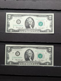 2 1976 Consecutive Numbered $2 Fed. Res. Notes - Both Off Center
