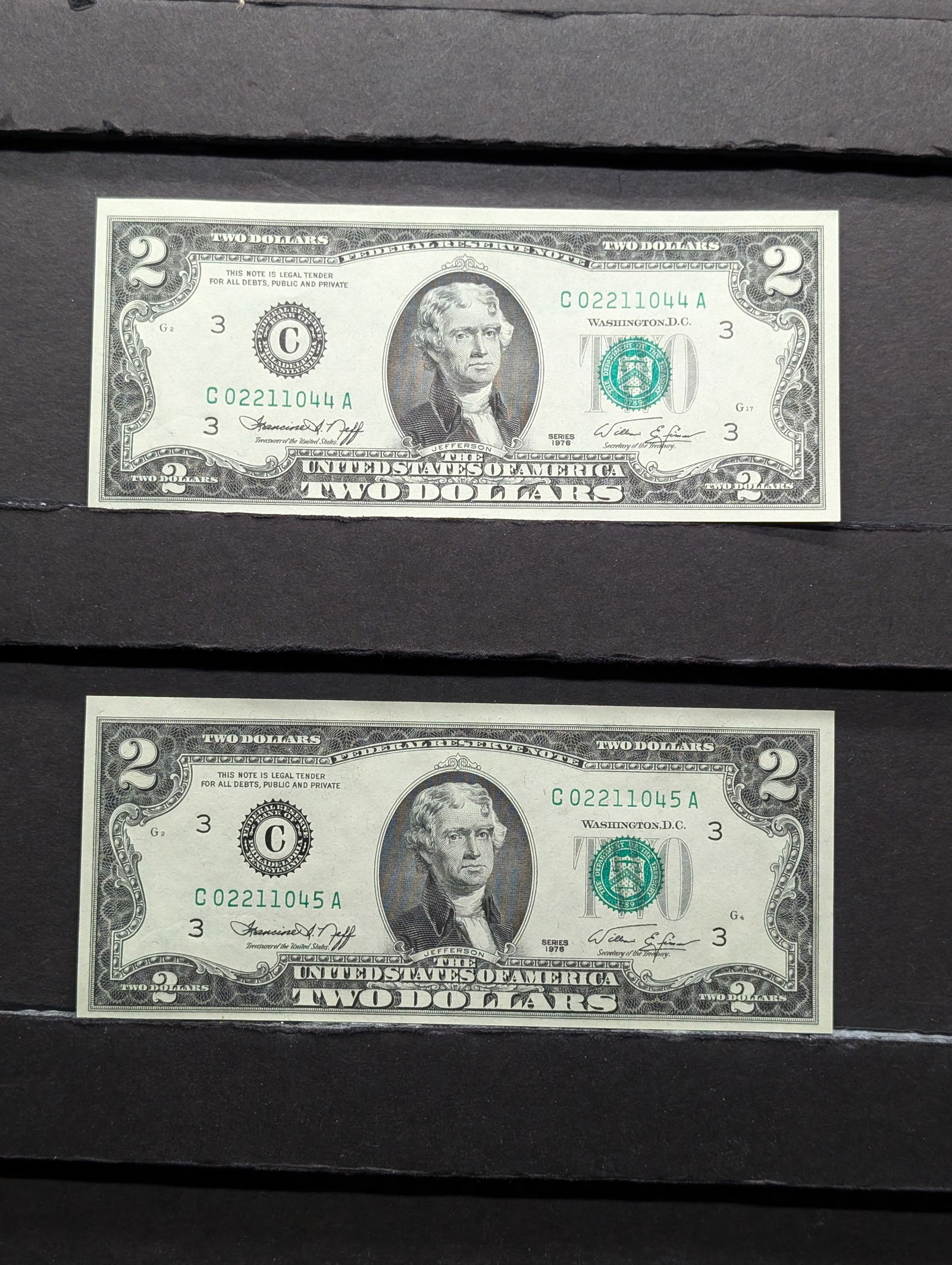 2 1976 Consecutive Numbered $2 Fed. Res. Notes - Both Off Center (1 of 5)