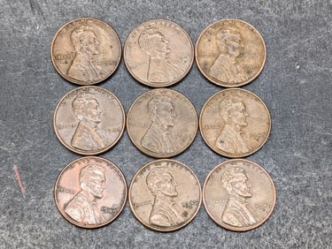 Lincoln Pennies, 1947 P,D,S to 1949 P,D,S (9 coins)``