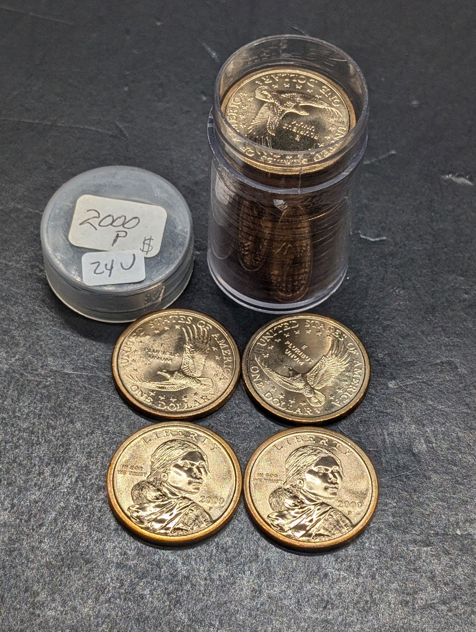 Full Tube of 25- 2000- P Gem BU Sacagawea Native American Dollar Coins. Greysheet bid is $56. (1 of 3)