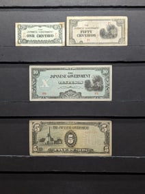 (4) WW11 Japanese Notes: 1 & 50 Centavos; 5 & 10 Pesos