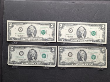 (4) Two Dollar Federal Reserve Jefferson Notes, 1976 Star Note w/Low S.N., 1976, and Two 1995