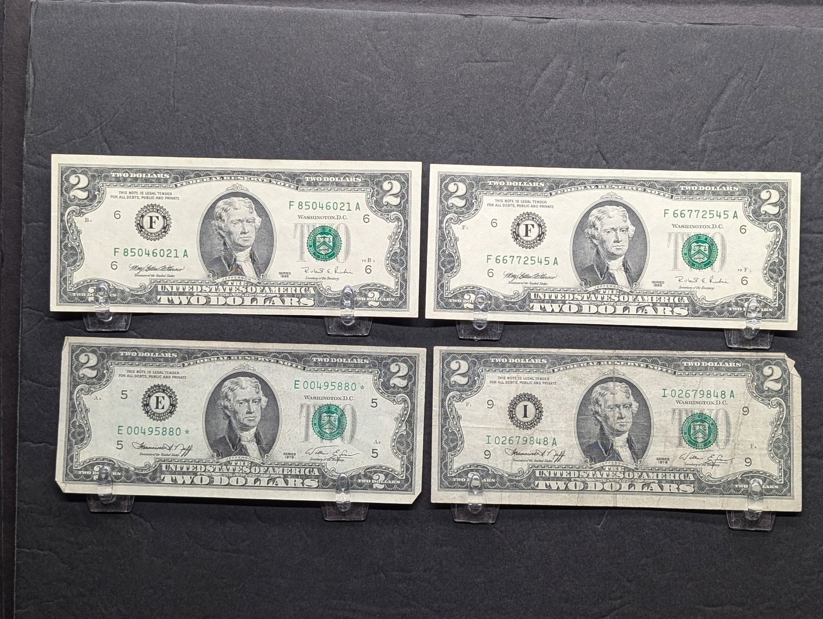 (4) Two Dollar Federal Reserve Jefferson Notes, 1976 Star Note w/Low S.N., 1976, and Two 1995 (1 of 4)