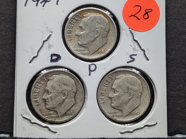 1947 P, D, S Roosevelt Dimes