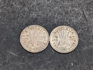 1941 & 1942-S (50% Silver, AU-UNC, WWII ERA) Australian Three Pence
