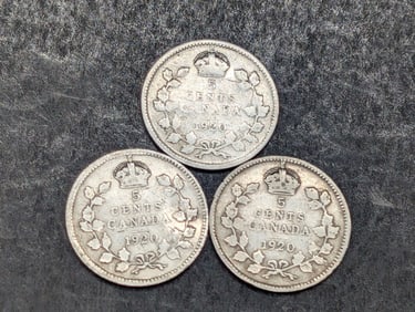 3-1920 (.80% Silver, High Grade), Canadian 5 Cents, 105 Years Old!