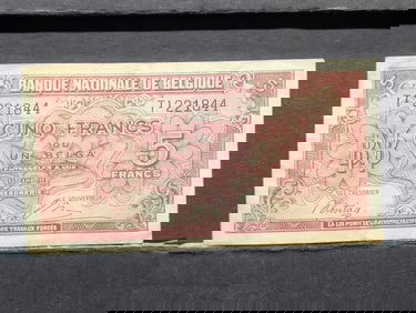 1943 Belgium 5 Franc Note. Tough WWII Era