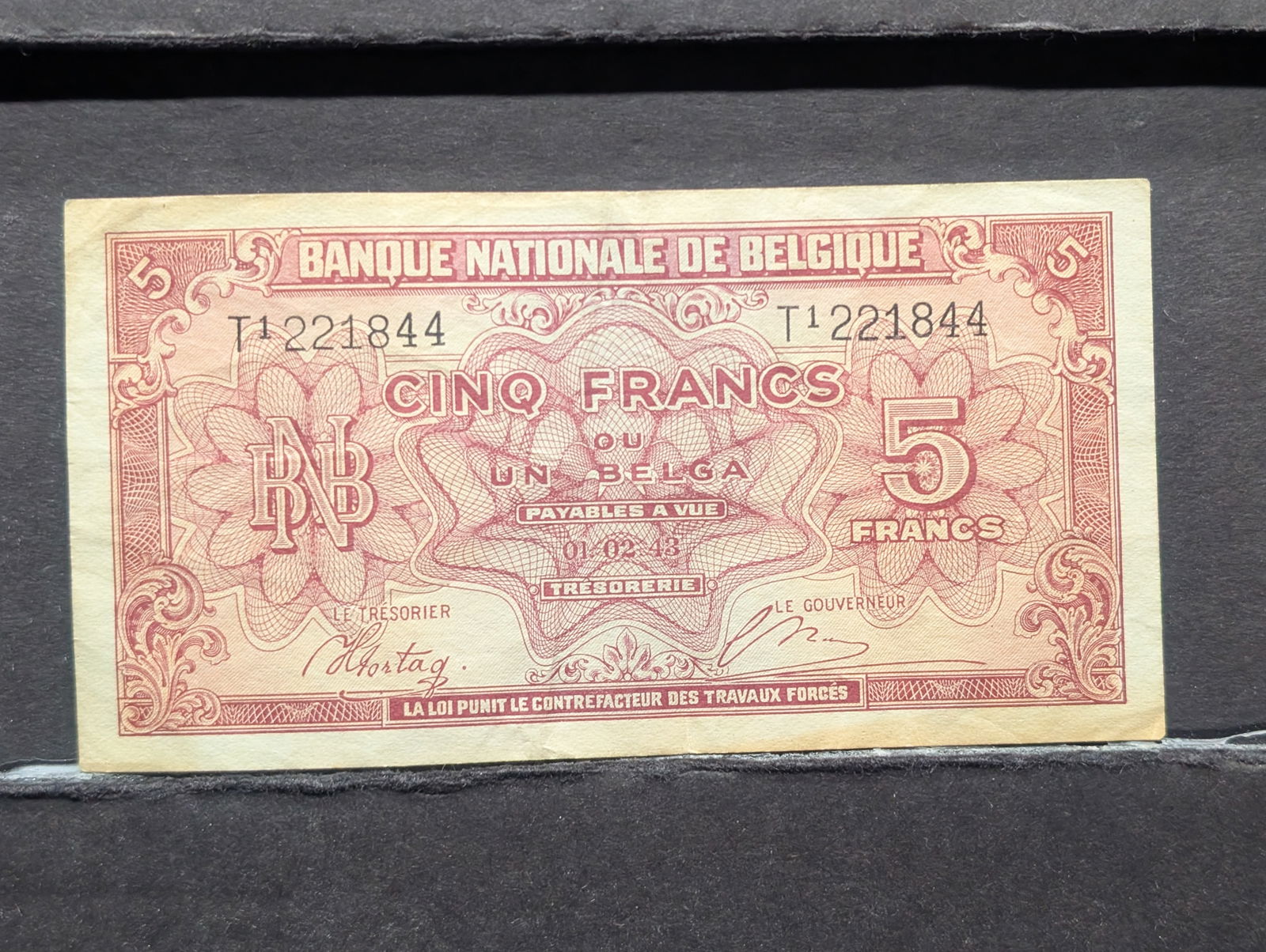 1943 Belgium 5 Franc Note. Tough WWII Era (1 of 3)