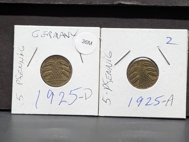 Germany, 1925A, 5 Pfennig & 1925D, 5 Pfennig (2 coins)