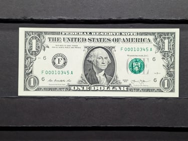2013 Crisp Gem BU Dollar Bill with low Serial Number (00010345) from Coin And Currency set.
