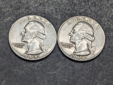 2-1957, 90% Silver, (Error-Extra Metal Between 5 and 7 on 1 Coin) Washington Quarters, 68 years Old!