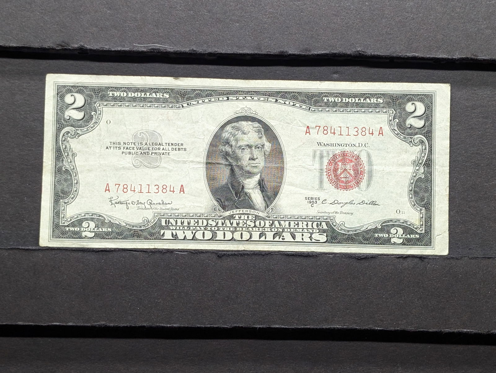 1953-C Red Seal 2 Dollar Bill with good corners and no writing. (1 of 3)