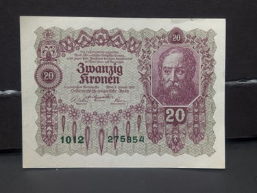 1922 Austria 20 Kronen Tough Post WWI Currency