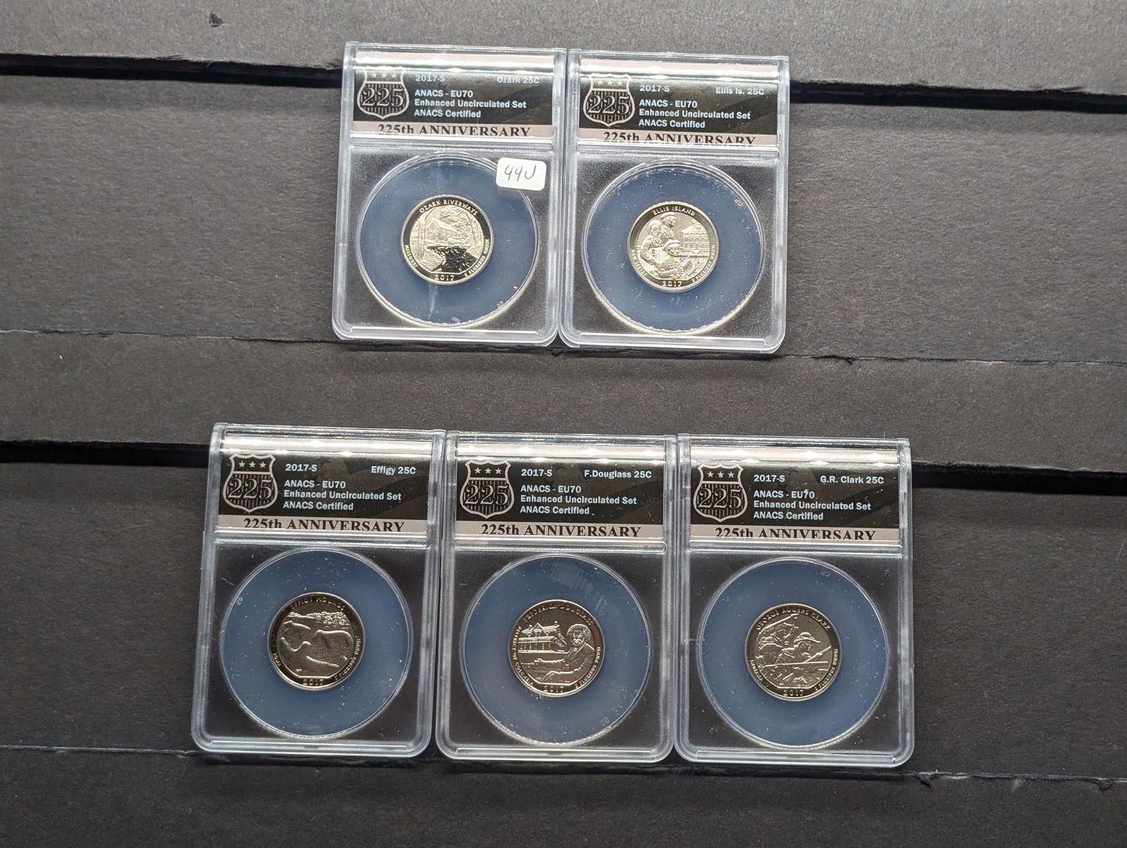 2017-S ANACS EU70 Enhanced Finish National Parks Quarters from 225th Anniversary Set. Clark,: 2017-S ANACS EU70 Enhanced Finish National Parks Quarters from 225th Anniversary Set. Clark, Douglass, Effigy, Ellis Island and Ozark. All perfect grades. Stunning . B ook is $125.