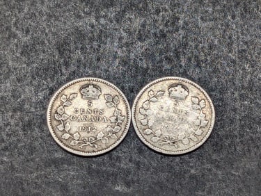 2-1912 (.925 Sterling Silver, Good Details on Crown & Wreath), Canadian 5 Cents, 113 Years Old!