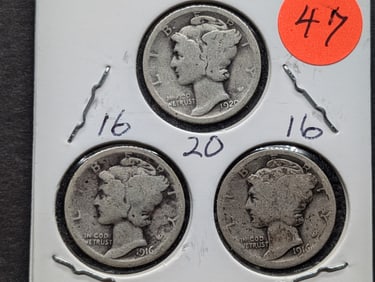 2- 1916, 1- 1920 Mercury Dimes