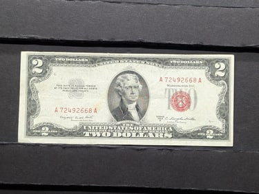1953B Red Seal 2 Dollar Bill with no writing and 4 good corners.