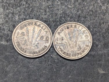 1939 & 1940 (50% Silver, AU-UNC, WWII ERA) Australian Three Pence, 85 Years Old!