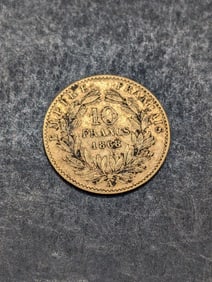 1868 Gold (.900 Fineness -.0933 Ounce, Semi Key, Only 1.1 Million Minted) French 10 Franc, Good