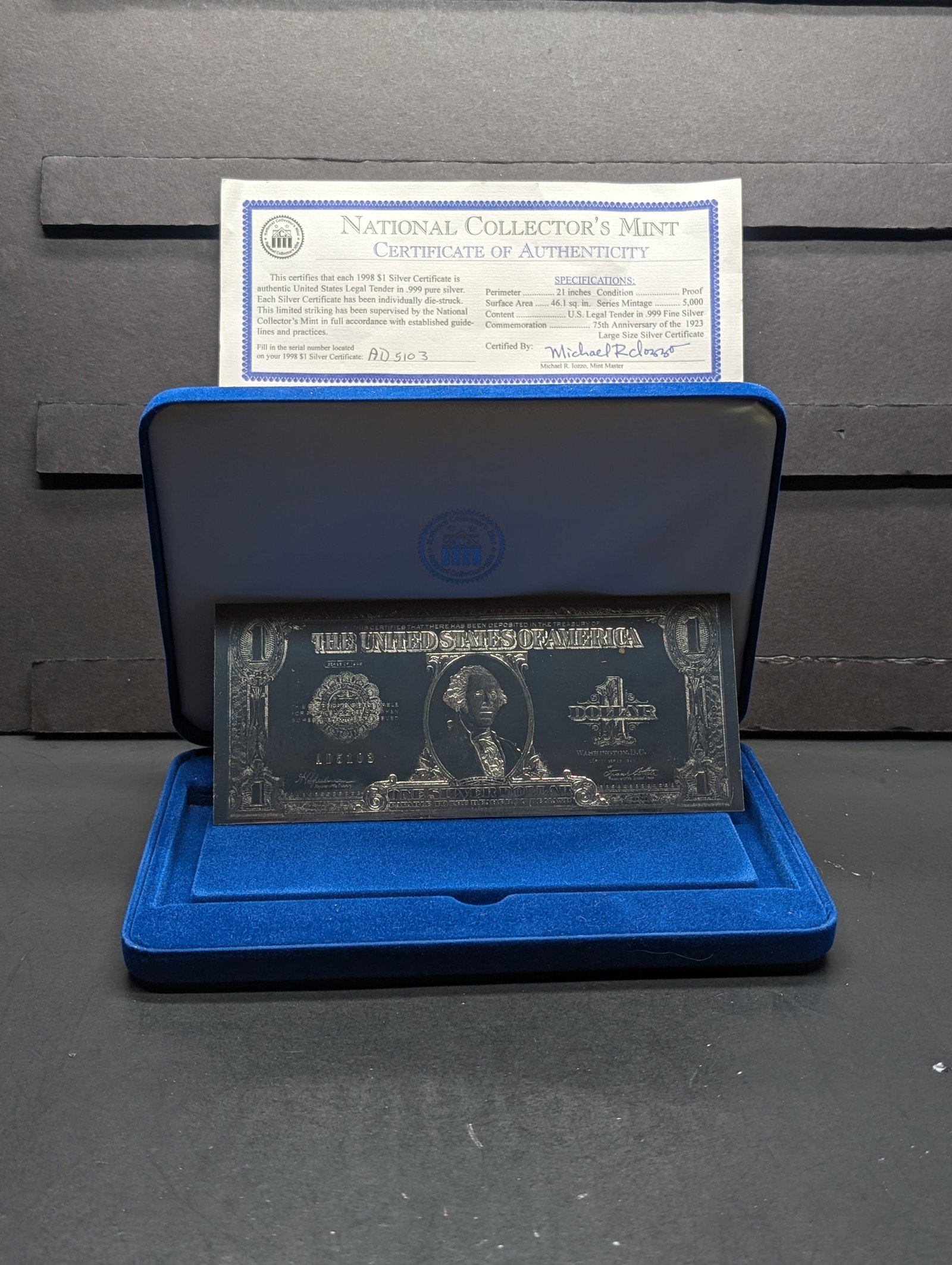 1998 $1 Silver Certificate Bar With COA: 1998 $1 Silver Certificate Bar With COA