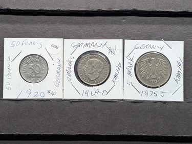 Germany, 1920 50 Pfennig, 1969-D, 2 marks, 1975-J, 5 mark
