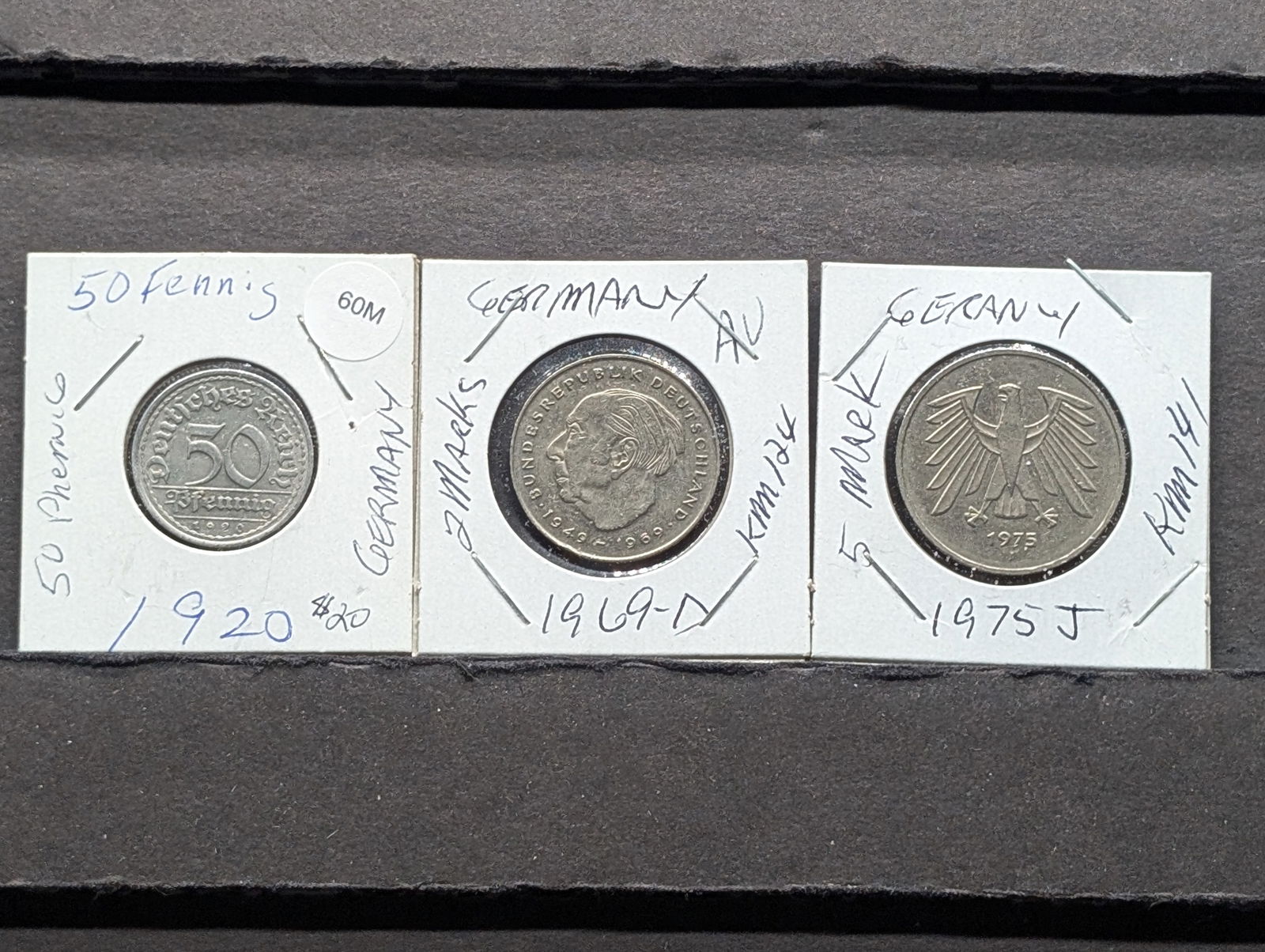 Germany, 1920 50 Pfennig, 1969-D, 2 marks, 1975-J, 5 mark (1 of 5)