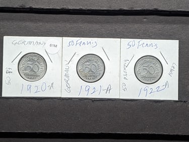 Germany, Three 50 Pfennig Coins, 1920A, 1921A, 1922A