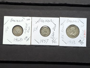 Canadian, 1968 & 1957 Dimes & 1953 Quarter 80% Silver