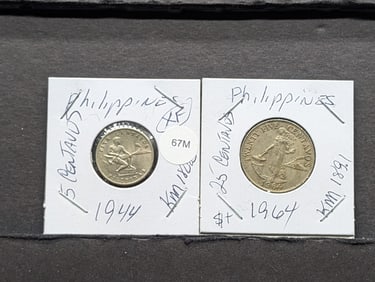 Philippines, 1944, 5 Centavos XF, 1964, 25 Centavos (2 coins)