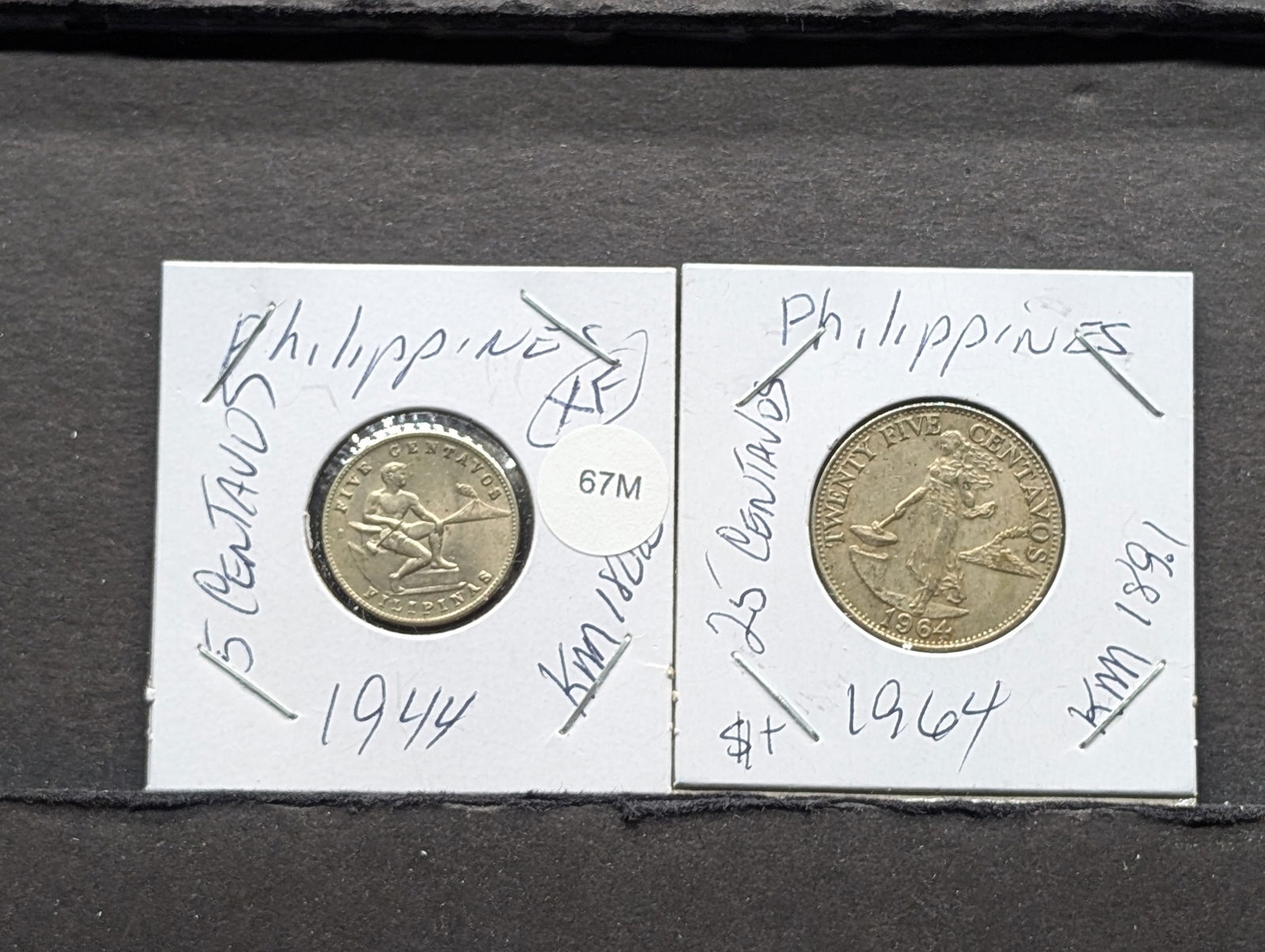 Philippines, 1944, 5 Centavos XF, 1964, 25 Centavos (2 coins) (1 of 5)