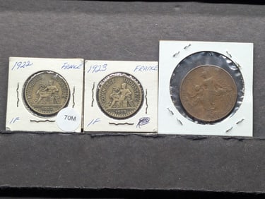 France, 1911, 10 Centimes, 1922, 1 Franc, 1923, 1 Franc (3 coins)
