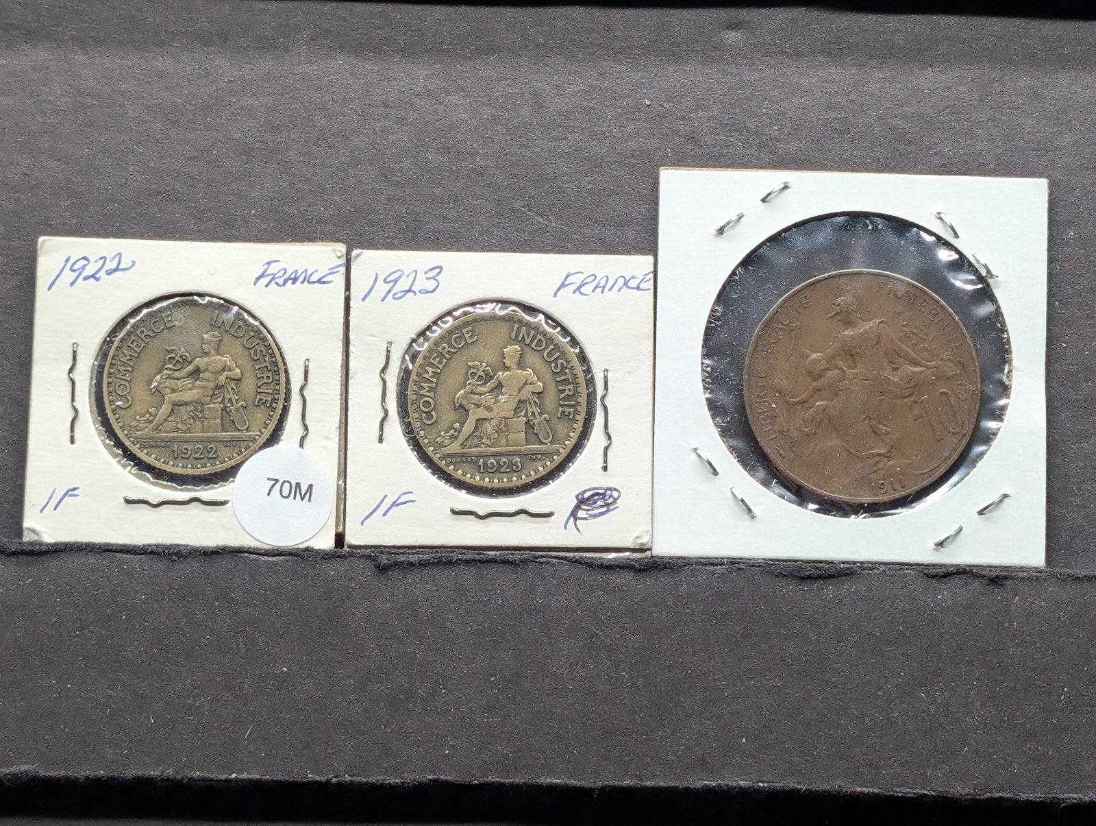 France, 1911, 10 Centimes, 1922, 1 Franc, 1923, 1 Franc (3 coins): France, 1911, 10 Centimes, 1922, 1 F ran c , 1923, 1 F ran c (3 coins)