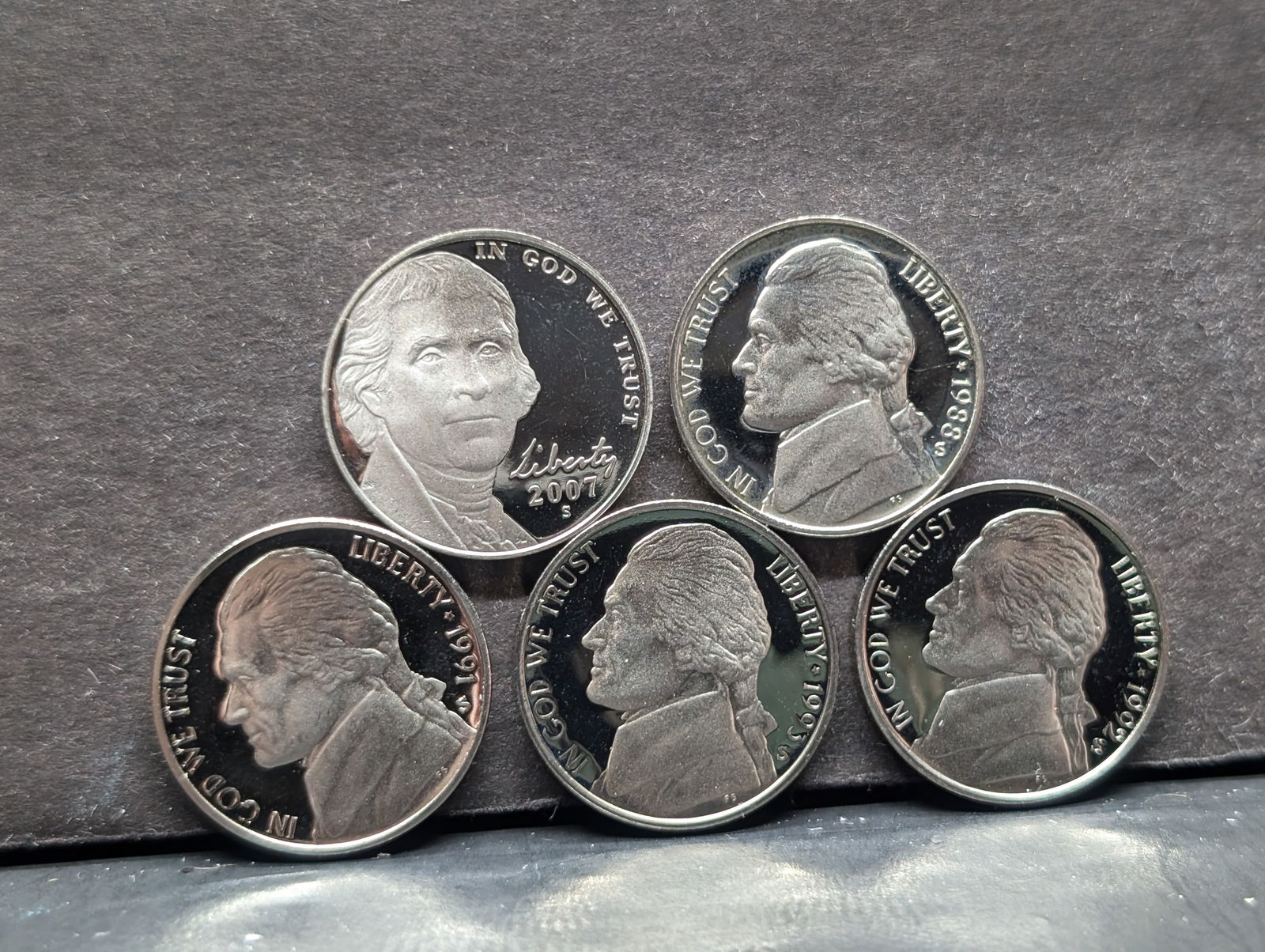 Jefferson Nickels, 5 proof coins with full steps (1 of 2)