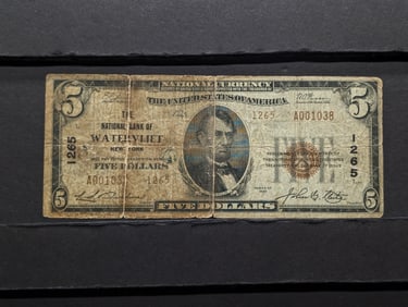 1929 Series $5.00 Watervliet, New York National Currency Note w/ Low Serial Number