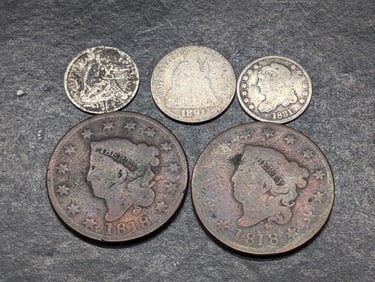 Grab Bag of Various Vintage U.S. Coins (2) 1818 Coronet Head Large Cents , 1869 S.L. Dime, 1831