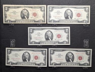 (4) 1963, (1) 1963-A Series $2.00 RED SEAL Banknotes -Two are Consecutive order