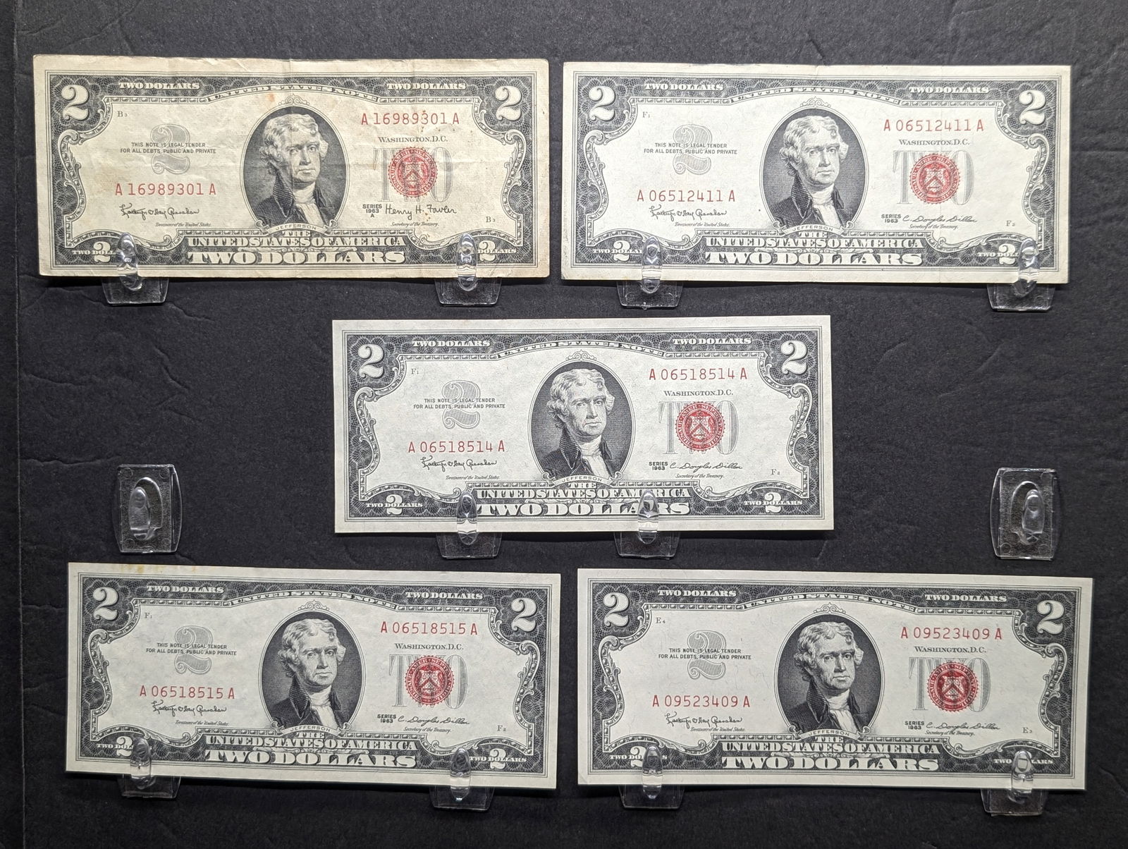 (4) 1963, (1) 1963-A Series $2.00 RED SEAL Banknotes -Two are Consecutive order (1 of 4)