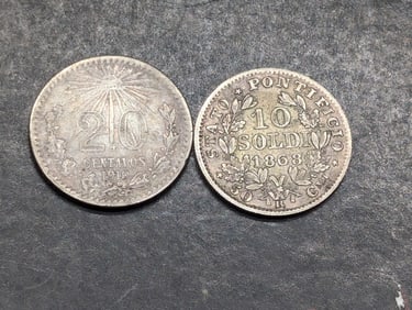 1868-R Papal States 10 Silver Soldi *RARE* & 1919 Mexico 20 Silver Centavos