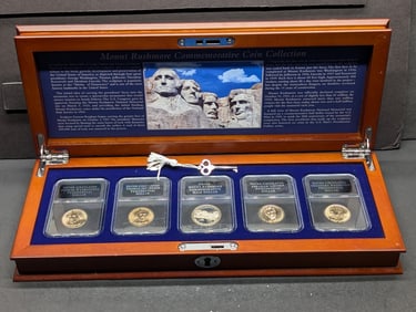 Mount Rushmore Commem Coin Collection in Nice Wooden Display Box - Includes 4 Presidential Dollars &
