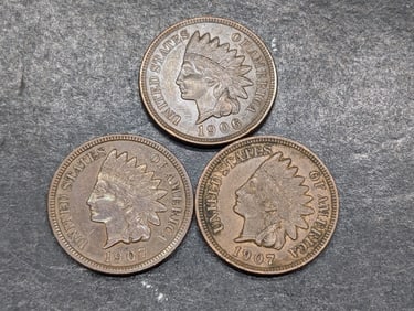 Lot of Three **AU** Indian Head Cents 1906 & Two 1907