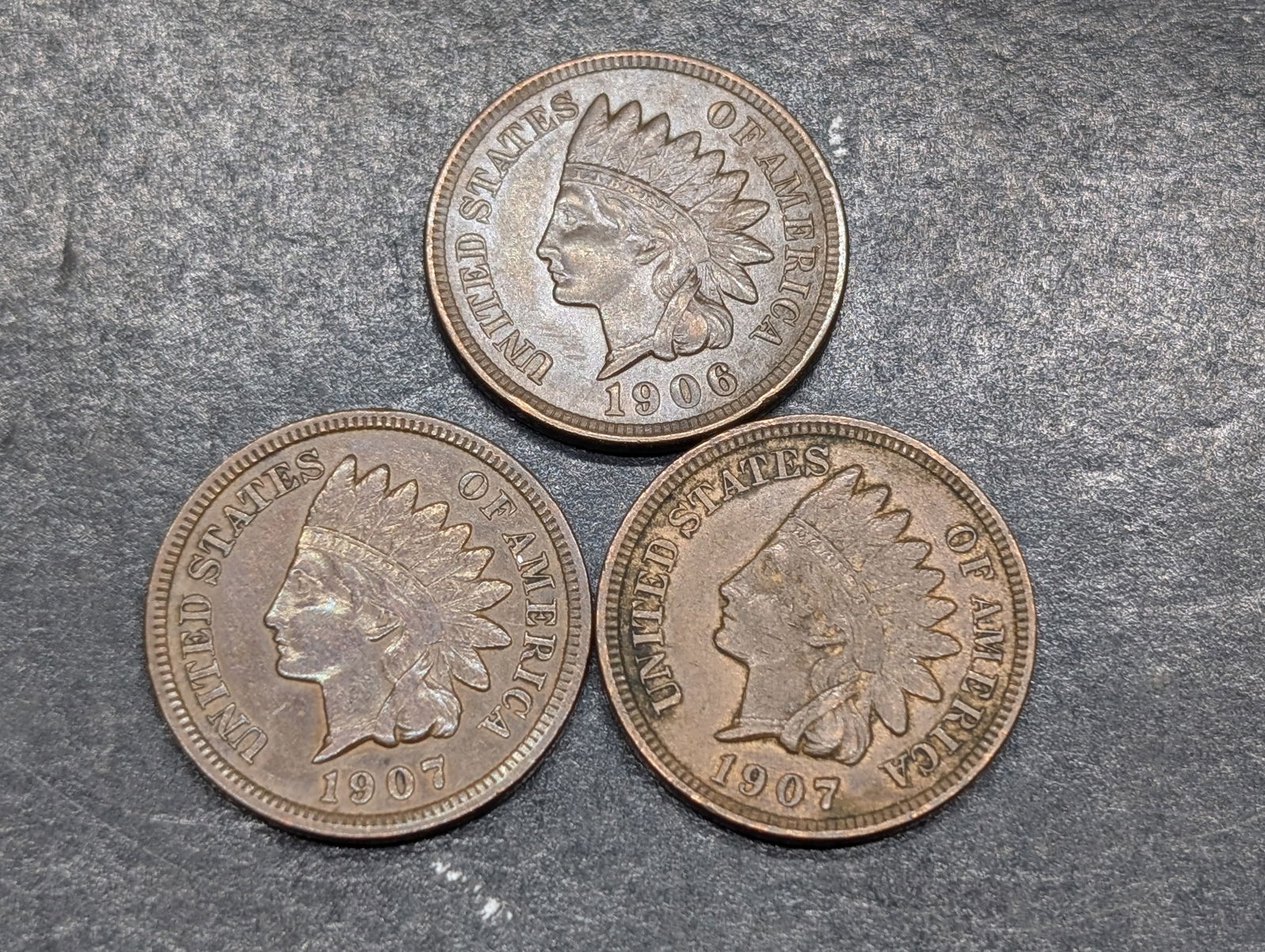 Lot of Three **AU** Indian Head Cents 1906 & Two 1907 (1 of 2)