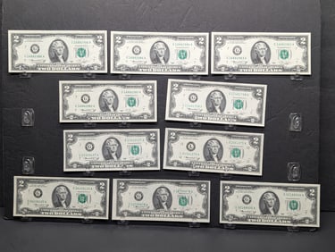 Lot of Ten 1976 Series $2.00 Federal Reserve Notes *CRISP PAPER* Three Are Consecutive order