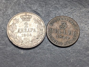 1904 Serbia 2 Silver Dinara & 1844 German States Hesse-Cassel 3 Heller