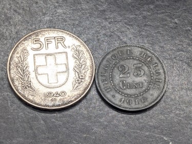 1940-B Switzerland 5 Silver Francs & 1916 Belgium 25 Centimes